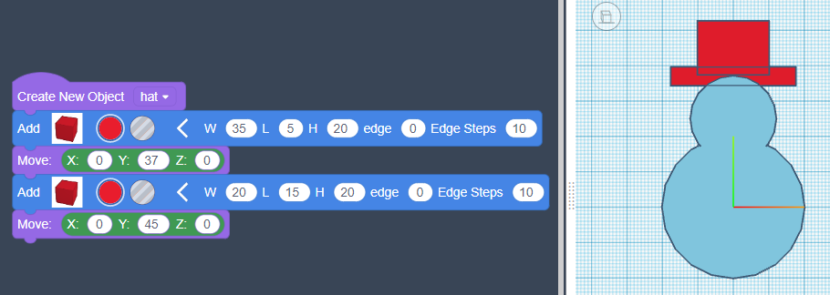On the left: the same code as earlier, with another box and move block underneath. The box options are W(20) and L(15). The move options are Y(45). On the right, a pale blue snowman shape, with a red rectangle on top.